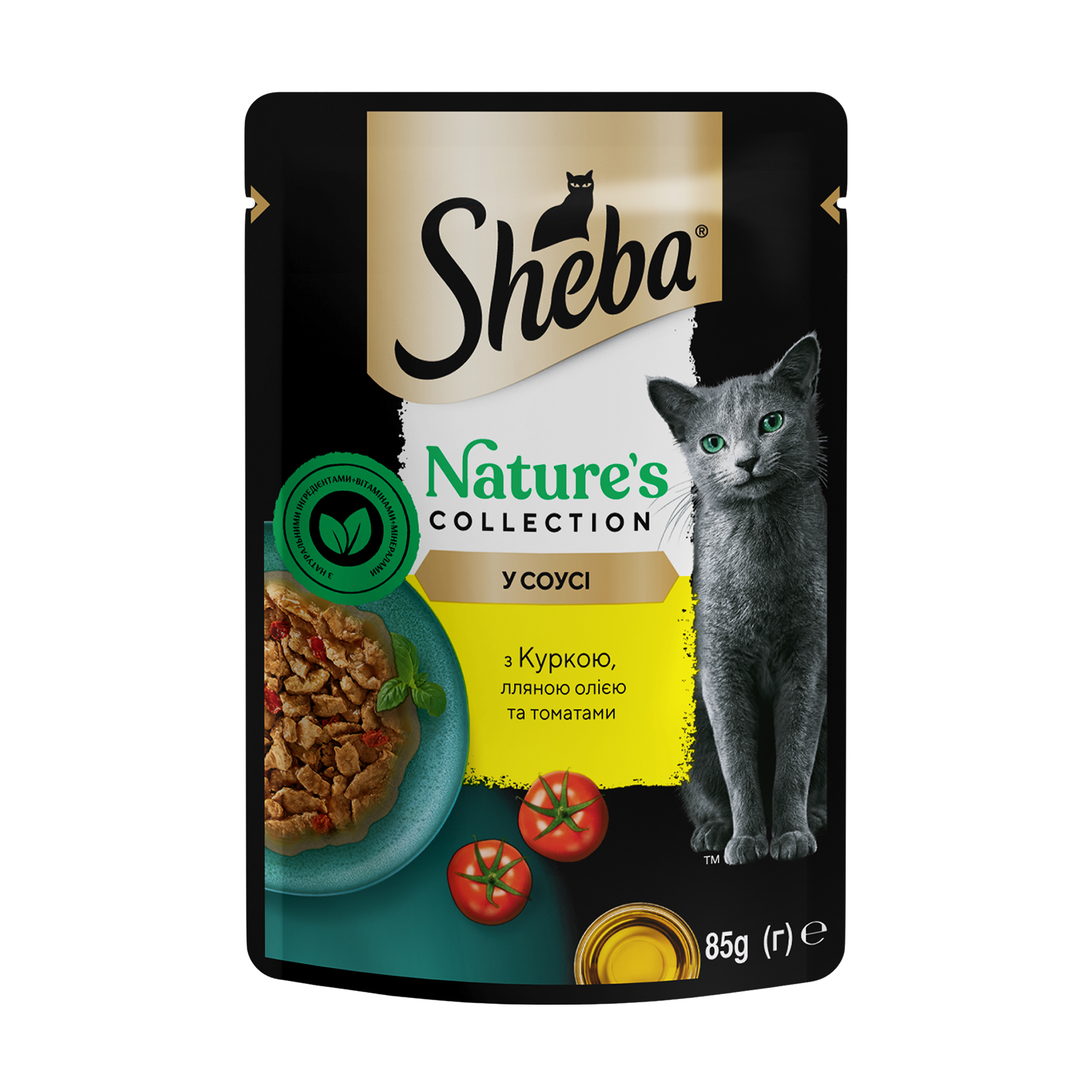 Вологий корм для котів Sheba Nature's Collection з куркою, лляною олією та томатами, в соусі, 85 г