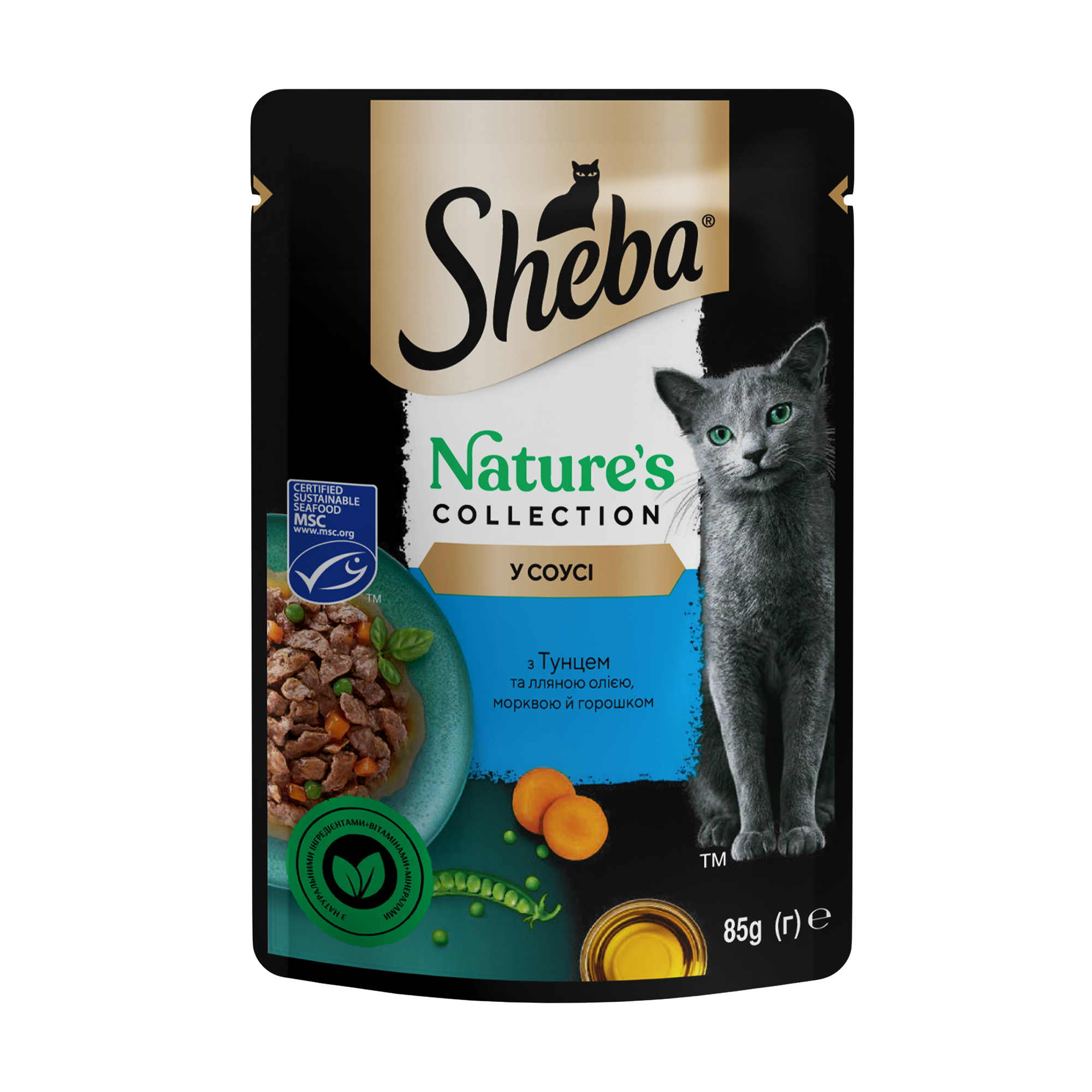 Вологий корм для котів Sheba Nature's Collection з тунцем, лляною олією, морквою та горошком, в соусі, 85 г