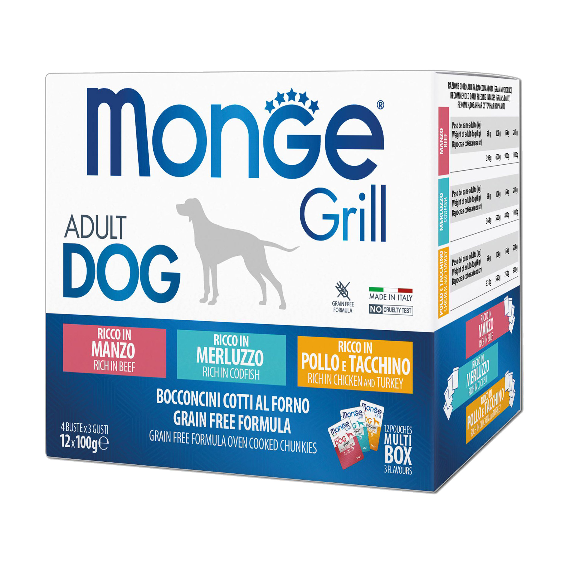 Вологий корм для собак Monge Grill Mix Adult (з яловичиною, 4*100 г + з тріскою, 4*100 г + з куркою та індичкою, 4*100 г)