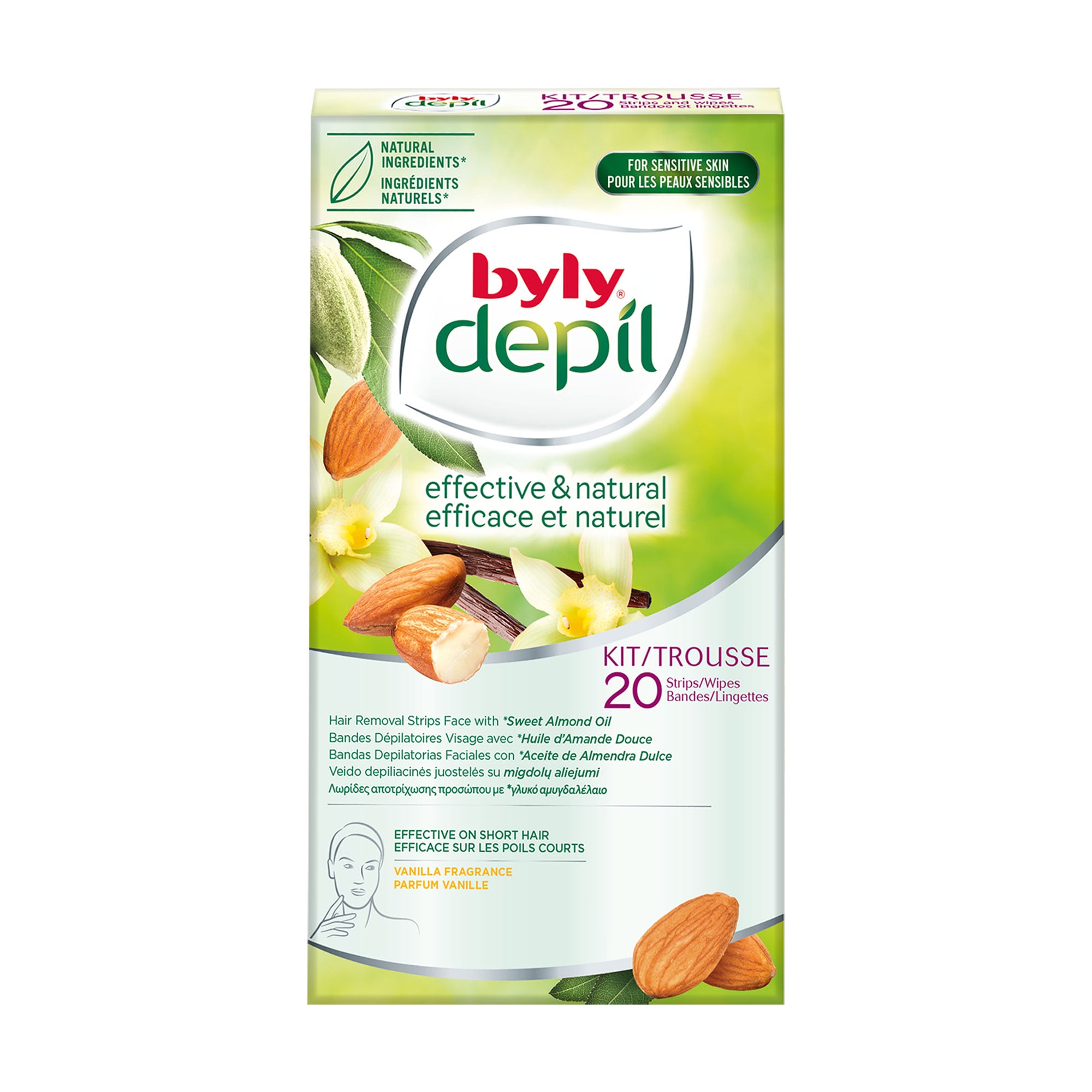 Воскові еко-смужки для депіляції обличчя Byly Depil Hair Removal Strips Face для чутливої шкіри, з мигдалем та ваніллю, 20 шт
