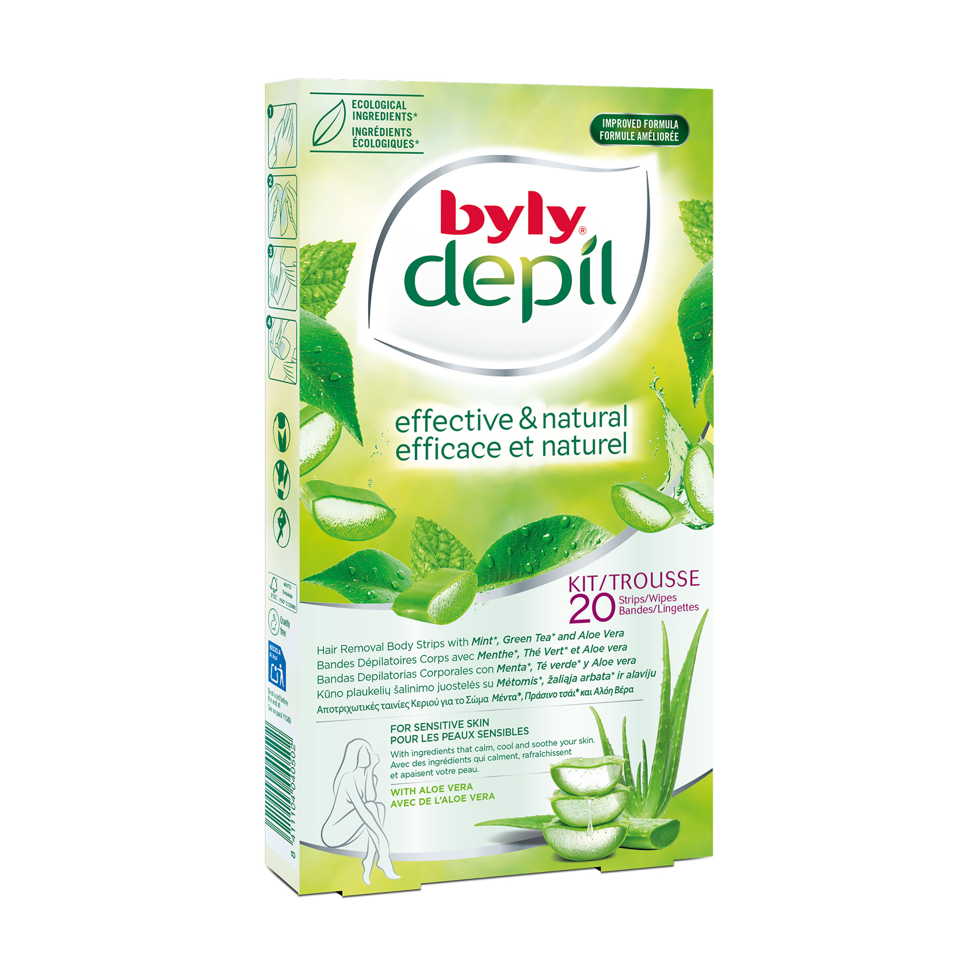 Воскові еко-смужки для депіляції тіла Byly Depil Hair Removal Body Strips з м'ятою, зеленим чаєм та алое, 20 шт