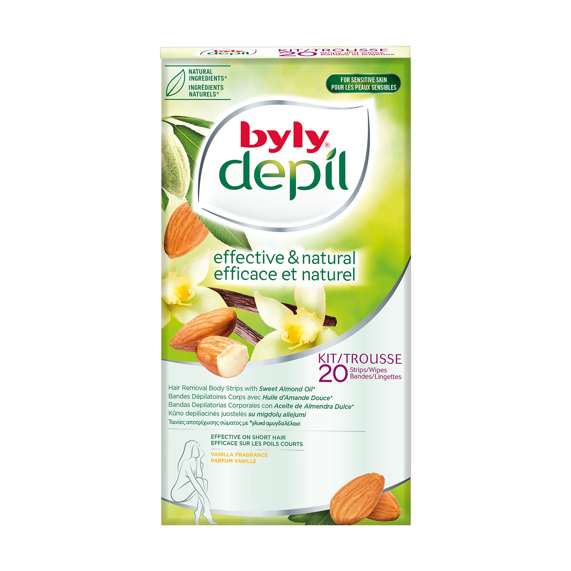 Воскові еко-смужки для депіляції тіла Byly Depil Hair Removal Body Strips для чутливої шкіри, з мигдалем та ваніллю, 20 шт