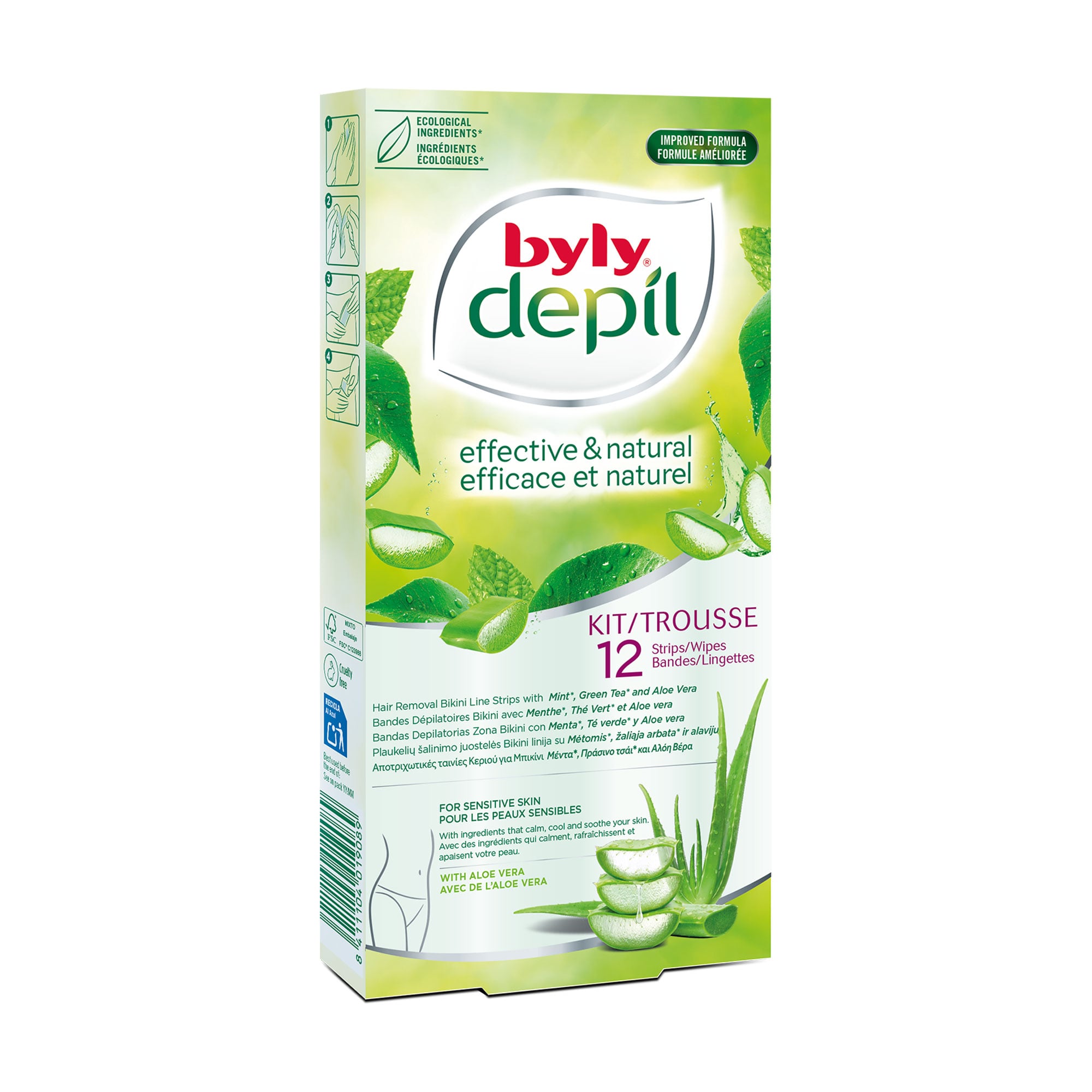 Воскові еко-смужки для депіляції зони бікіні Byly Depil Hair Removal Bikini Line Strips для чутливої шкіри, з м'ятою, зеленим чаєм та алое, 12 шт