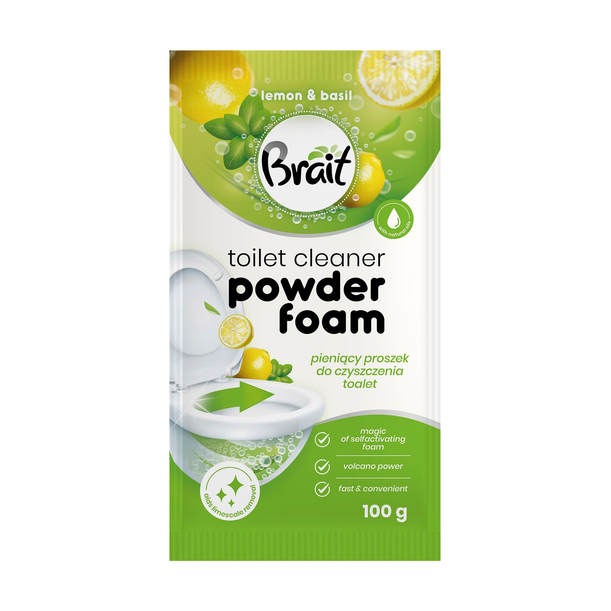 Засіб для чищення унітазу Brait Toilet Cleaner Powder Foam Lemon &amp; Basil, 100 г