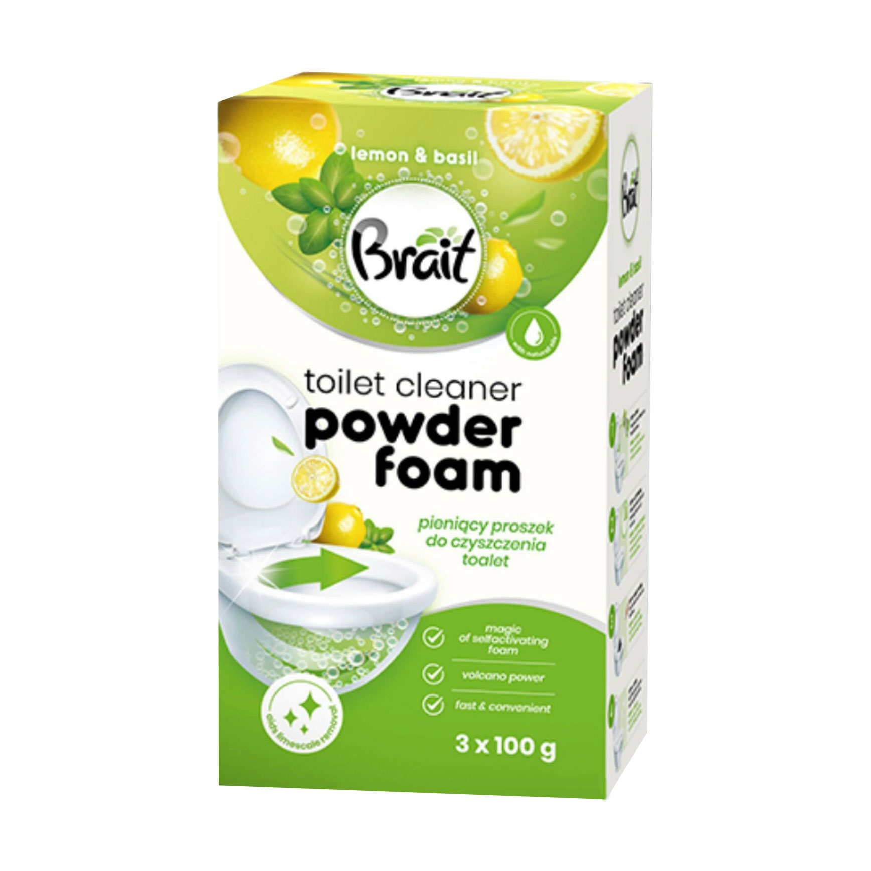 Засіб для чищення унітазу Brait Toilet Cleaner Powder Foam Lemon &amp; Basil, 3*100 г