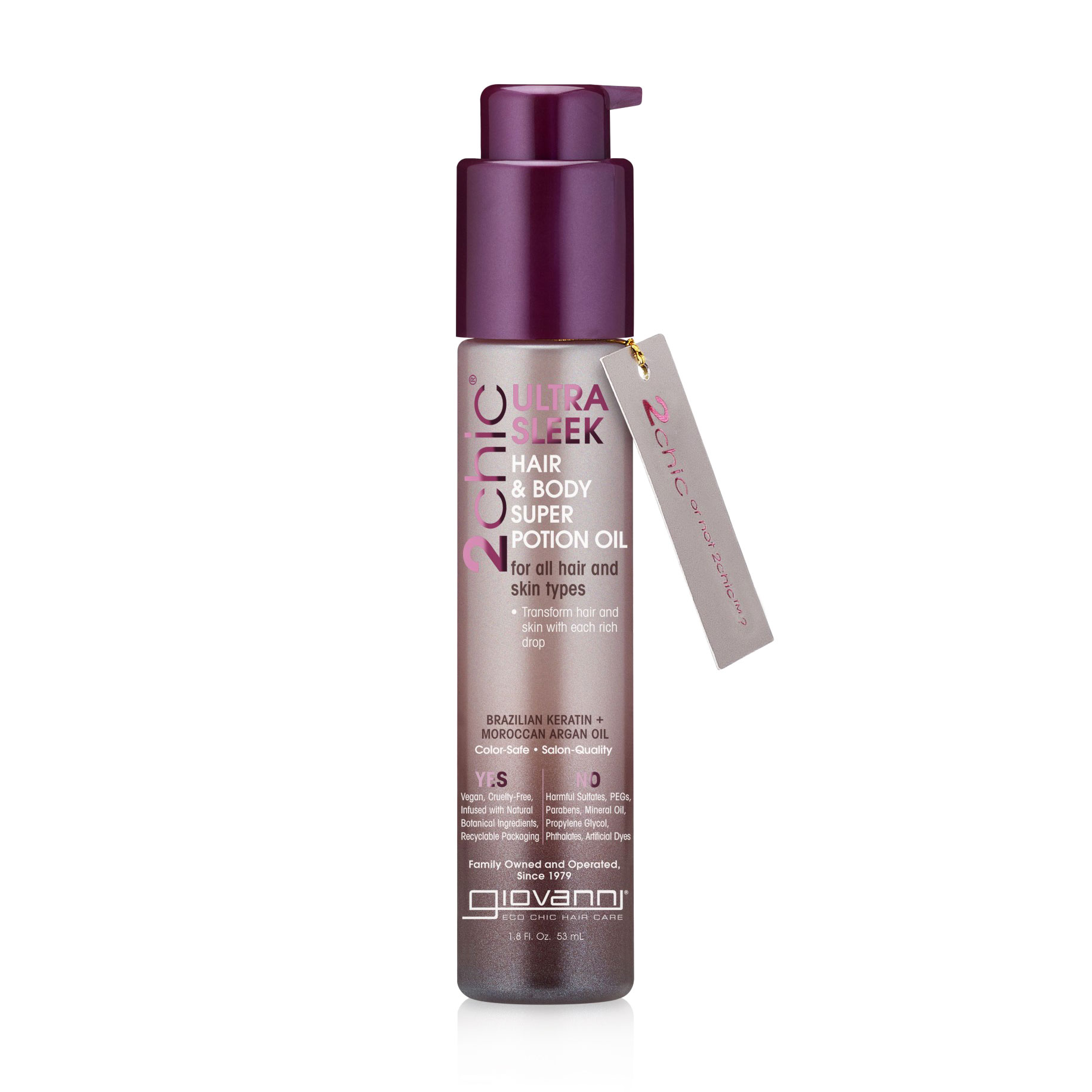Засіб для волосся та тіла Giovanni 2chic Ultra-Sleek Hair &amp; Body Super Potion Oil для всіх типів, з аргановою олією та бразильським кератином, 53 мл