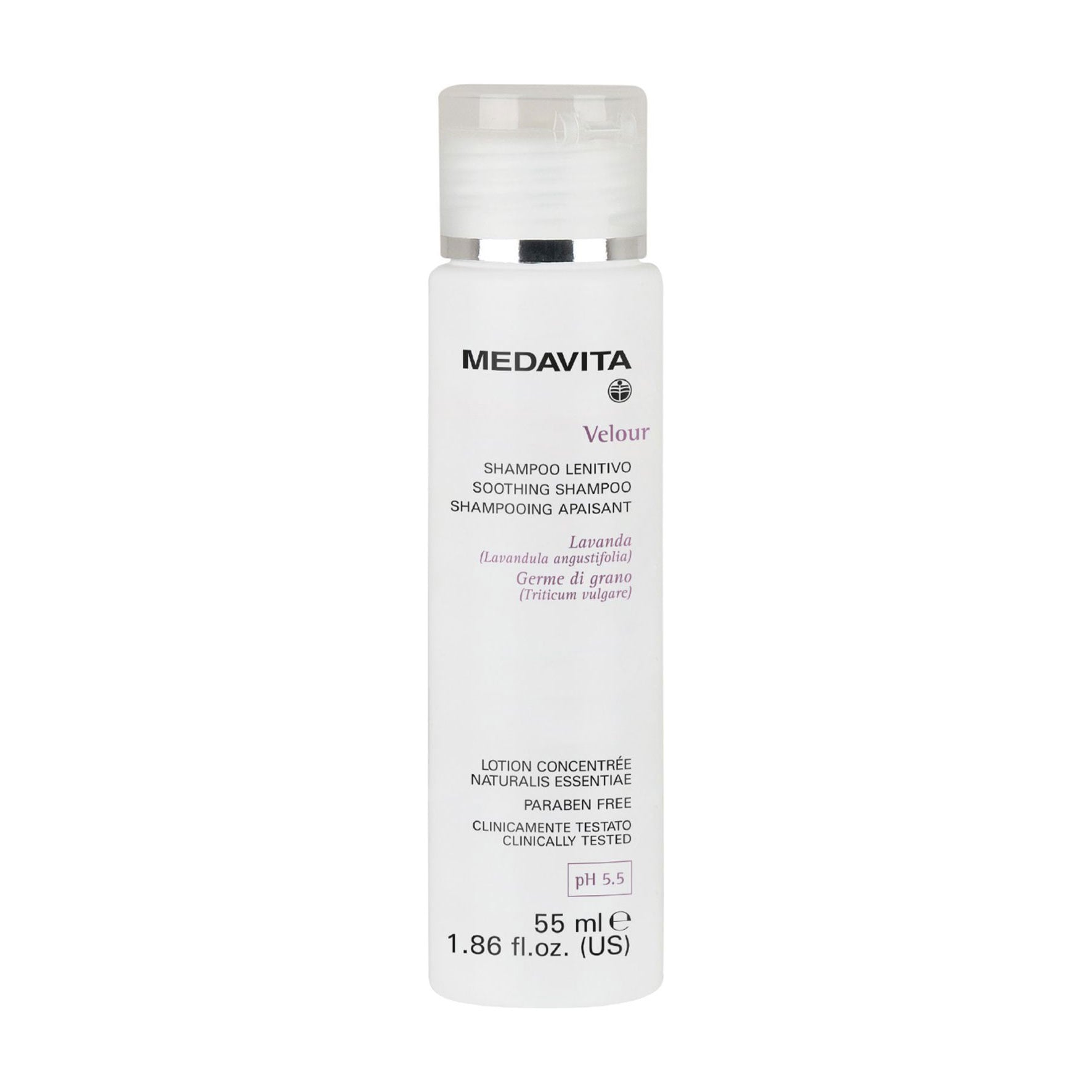 Заспокійливий шампунь Medavita Velour Soothing Shampoo pH 5.5 для чутливої шкіри голови, 55 мл