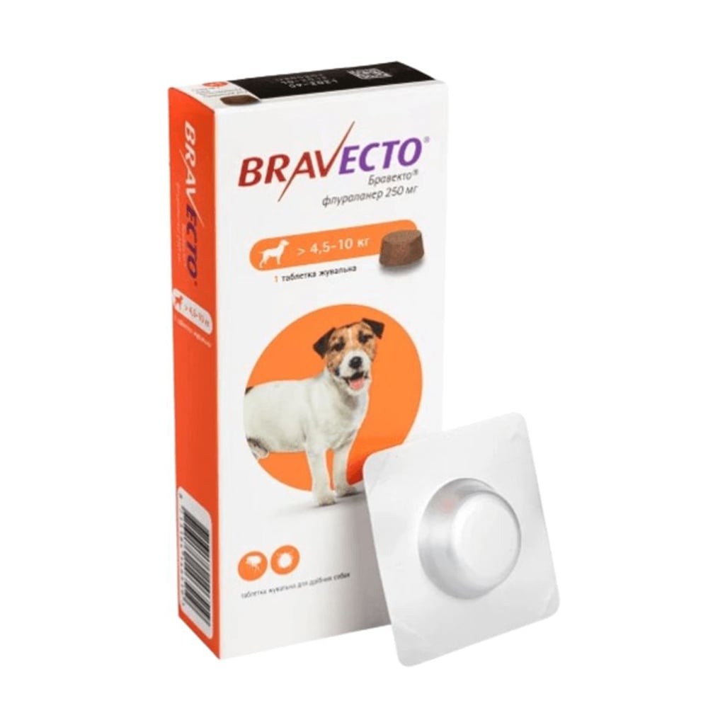 Жувальна таблетка для дрібних собак Bravecto 250 мг, від бліх та кліщів, від 4.5 до 10 кг, 1 шт
