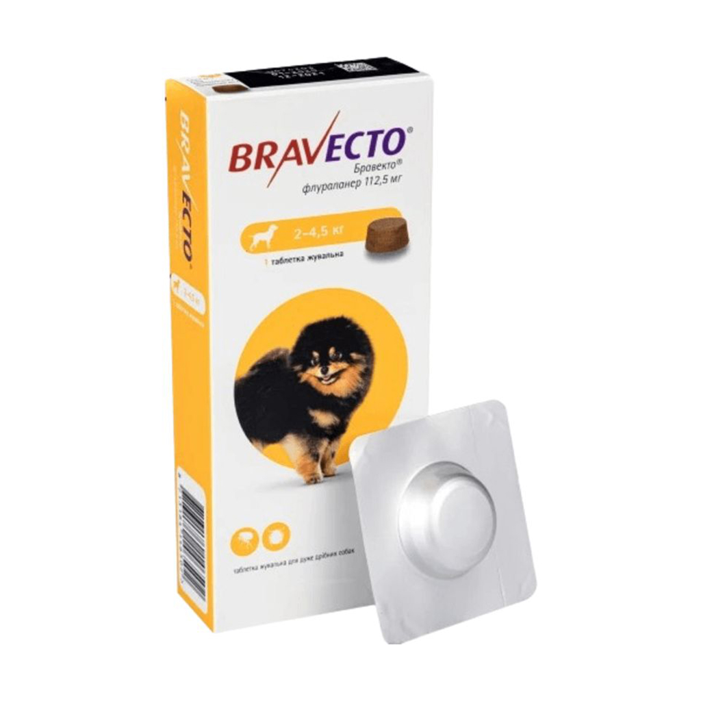 Жувальна таблетка для дуже дрібних собак Bravecto 112.5 мг, від бліх та кліщів, від 2 до 4.5 кг, 1 шт