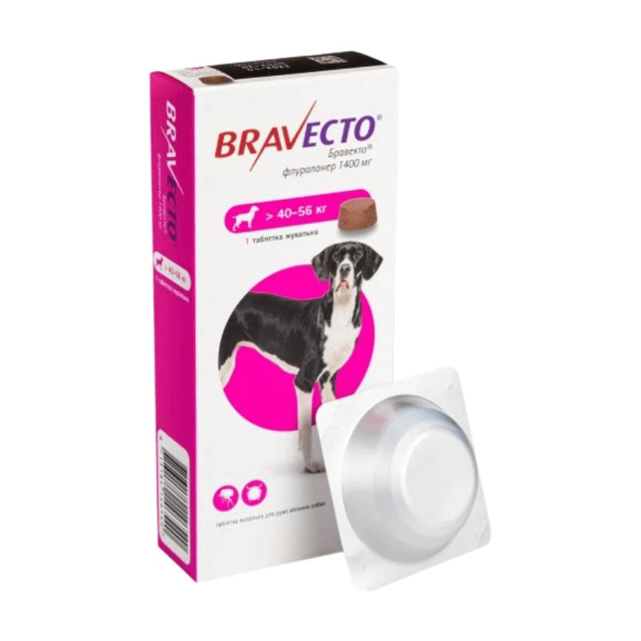 Жувальна таблетка для дуже великих собак Bravecto 1400 мг, від бліх та кліщів, від 40 до 56 кг, 1 шт