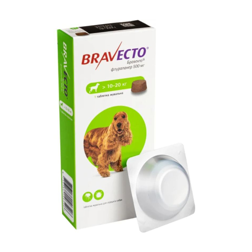 Жувальна таблетка для середніх собак Bravecto 500 мг, від бліх та кліщів, від 10 до 20 кг, 1 шт