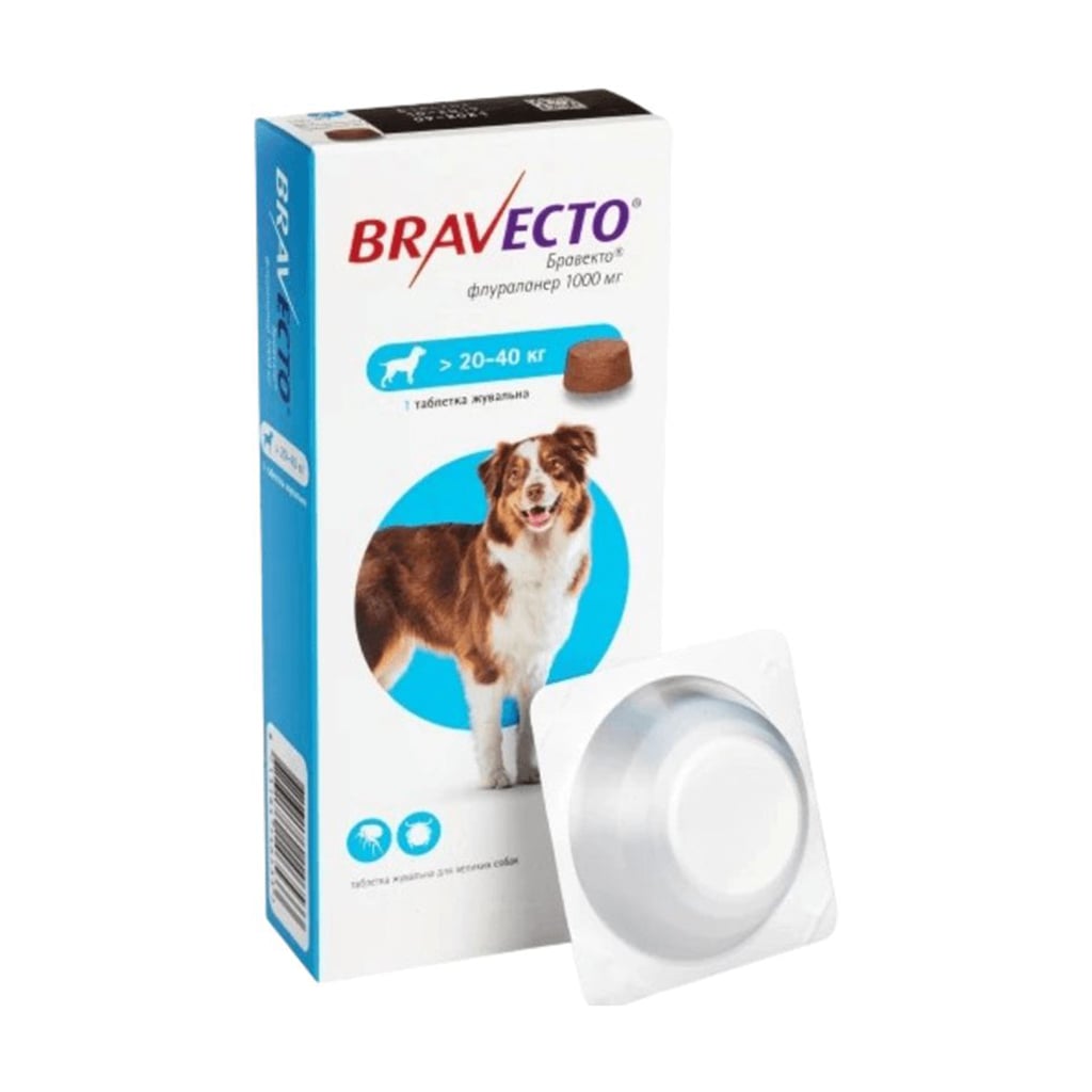 Жувальна таблетка для великих собак Bravecto 1000 мг, від бліх та кліщів, від 20 до 40 кг, 1 шт