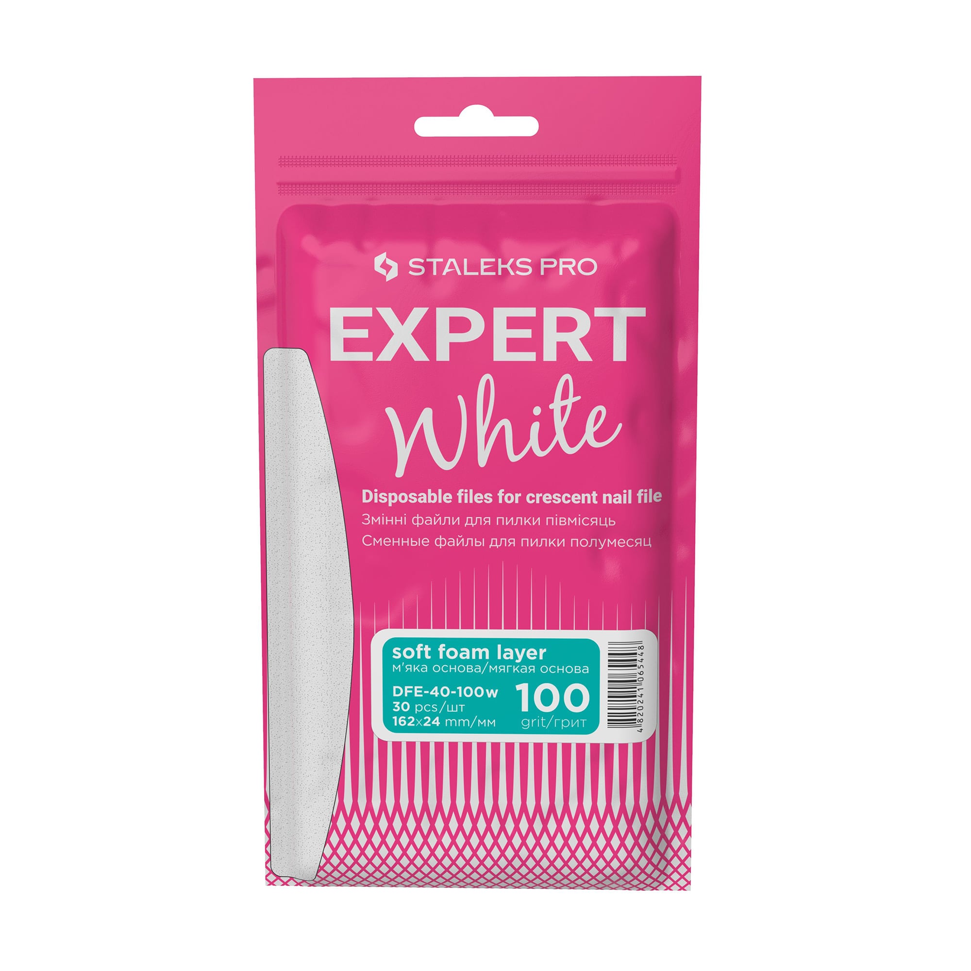 Змінні файли для пилки півмісяць на м'якій основі Staleks PRO Expert 40, білі, 100 грит, 30 шт