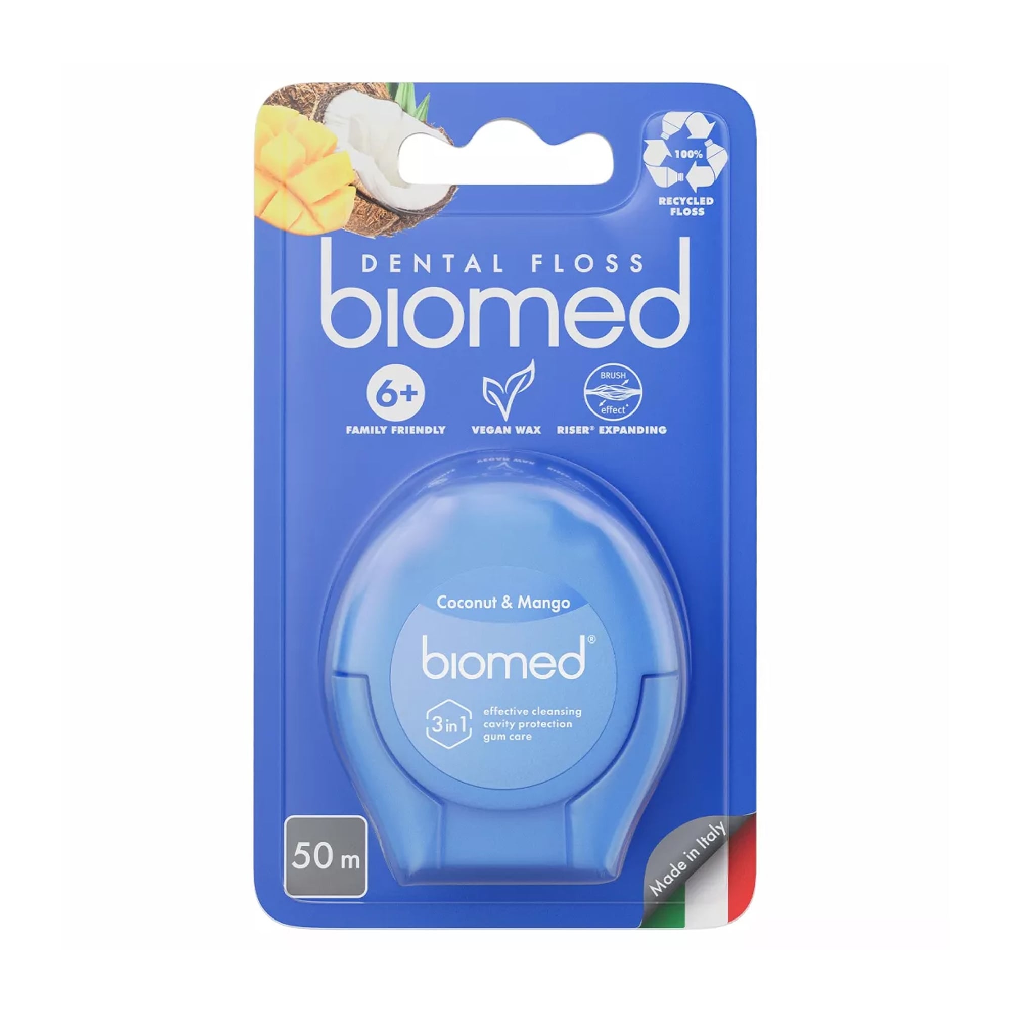 Зубна нитка Biomed комплексна об'ємна, з ароматом кокосу і манго, 50 м