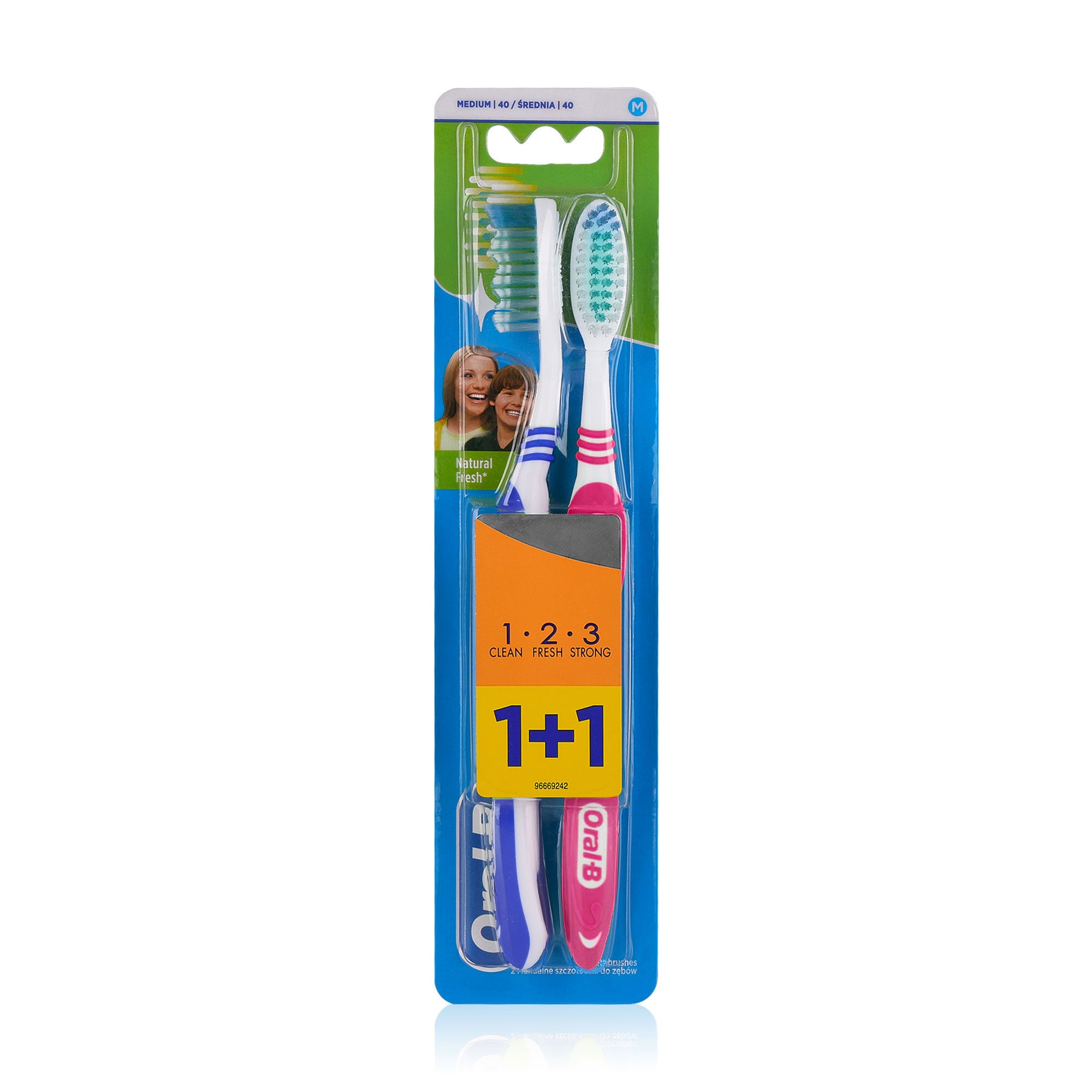 Зубна щітка Oral-B Природна свіжість 1-2-3, середньої жорсткості, синя-рожева, 2 шт