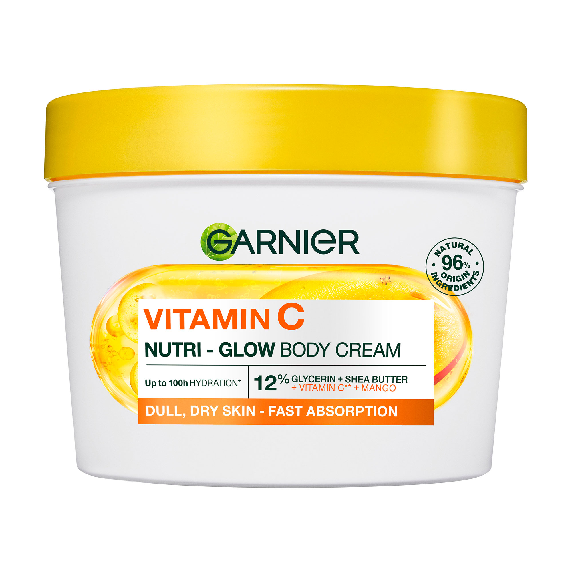 Зволожувальний крем GARNIER з вітаміном С та ароматом манго, з ефектом сяяння, для тьмяної сухої шкіри тіла, рук та ніг, 380 мл
