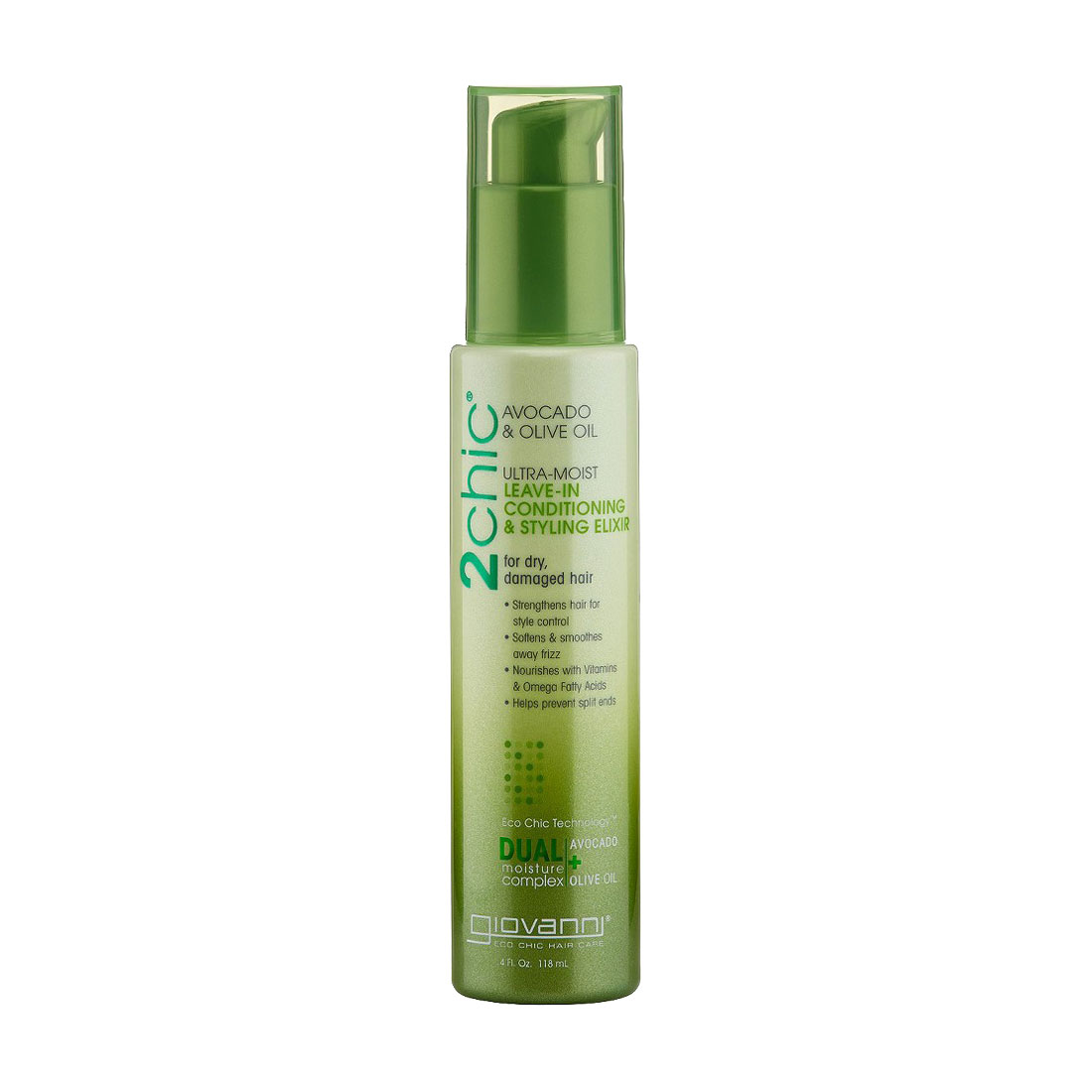 Зволожувальний незмивний кондиціонер-стайлер Giovanni 2chic Ultra-Moist Leave-In Conditioning &amp; Styling Elixir Avocado &amp; Olive Oil для сухого та пошкодженого волосся, 118 мл